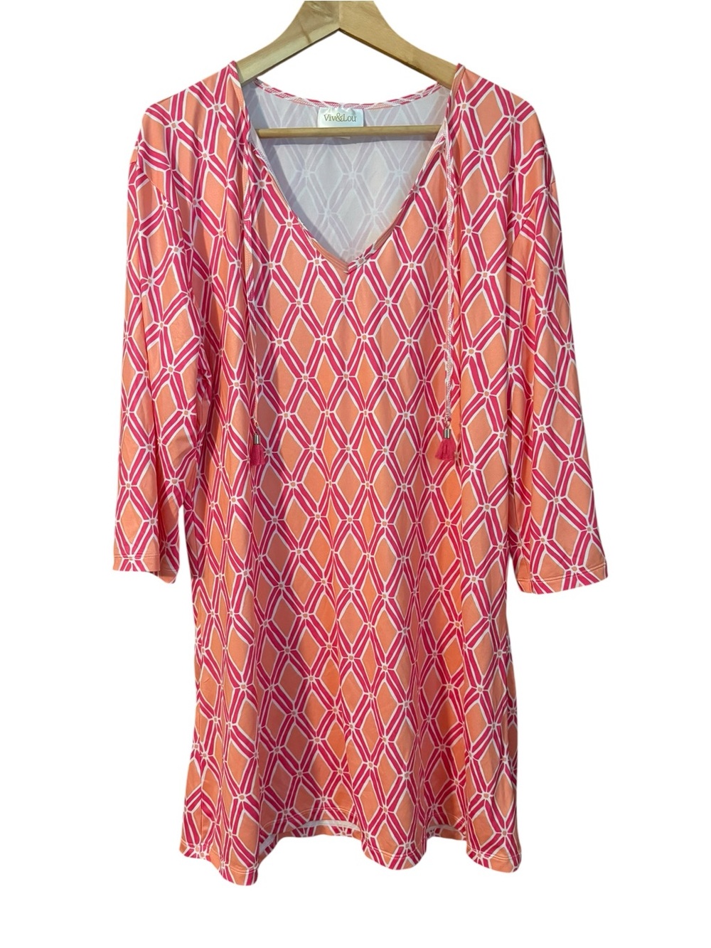 Viv & Lou Geometric Pink & Orange Midi Shift Dress w Tassels Coastal Resortwear